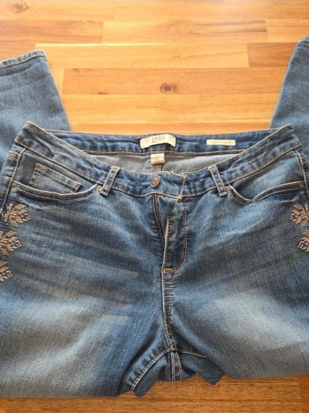 Vintage America Mid-Blue Straight Leg Jean CAPRI with Embroidered Side Detail